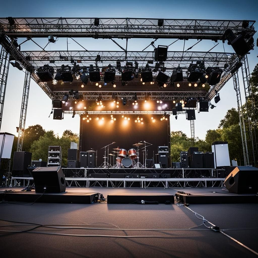 Outdoor event stage with sound systems, lighting, screens and performance equipment