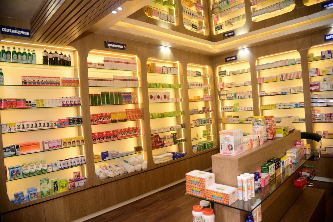 Pharmacy shelves and products